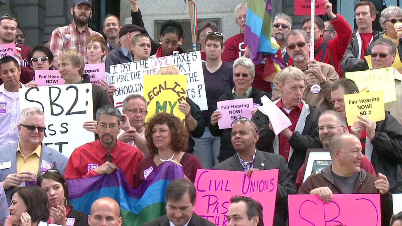 Pro-civil unions rally at Colorado State Capitol. May 8, 2012.