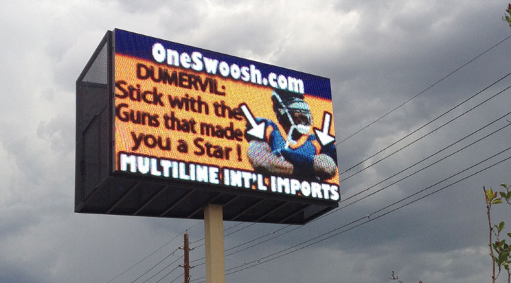 Billboard at 58th & I-25 in Denver has Elvis Dumervil message on it. Photo: OneSwoosh.com. July 16, 2012