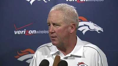 John Fox talks to reporters after the Broncos' 27-21 loss to Atlanta. Sep. 17, 2012