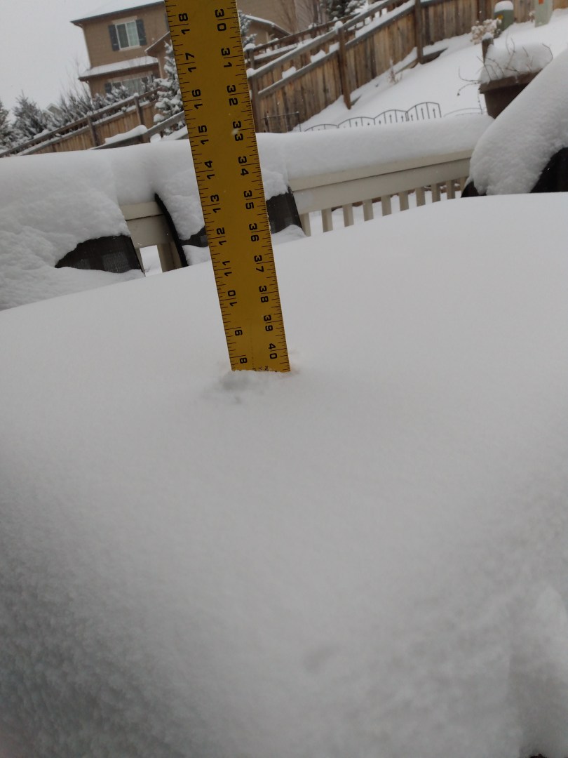 Snow on patio table Wednesday morning in Castle Rock