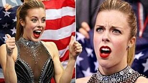 American figure skater Ashley Wagner made her Olympic debut on Feb. 8 2014. Her excitement turned to shock when she looked up at the board to see that she had only scored a 63.10 in the short program. (Photo: Twitter / @HoneyTicketyBoo)