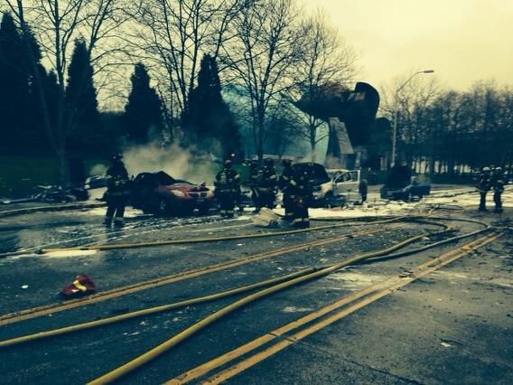 Two were killed when a KOMO news helicopter crashed on Broad Street in Seattle near the Space Needle on March 18, 2014. (Photo: Seattle Fire Department/Twitter)