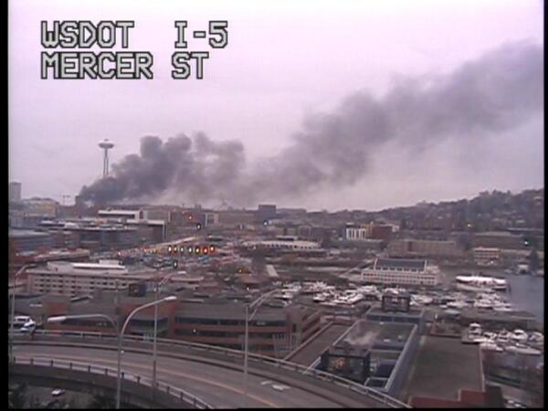 Two were killed when a KOMO news helicopter crashed on Broad Street in Seattle near the Space Needle on March 18, 2014. (Photo: WSDOT/Twitter)