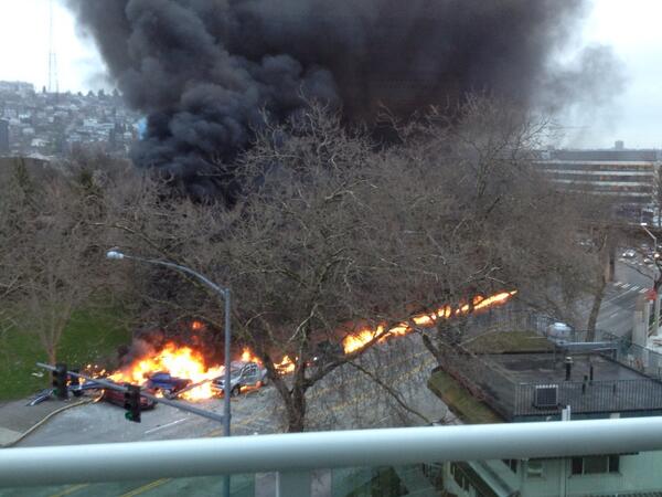 Two were killed when a KOMO news helicopter crashed on Broad Street in Seattle near the Space Needle on March 18, 2014. (Photo: Michael Harthorne/KOMO News)