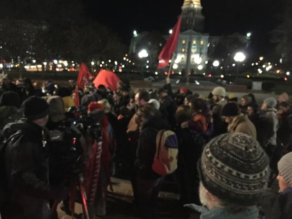 Protesters gather in downtown Denver for a second night to demonstrate against the decision of no indictment in the shooting death of Michael Brown in Ferguson, Missouri.