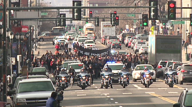 Denver Police provided an escort for the students using motorcycles, bicycles and police cruisers.