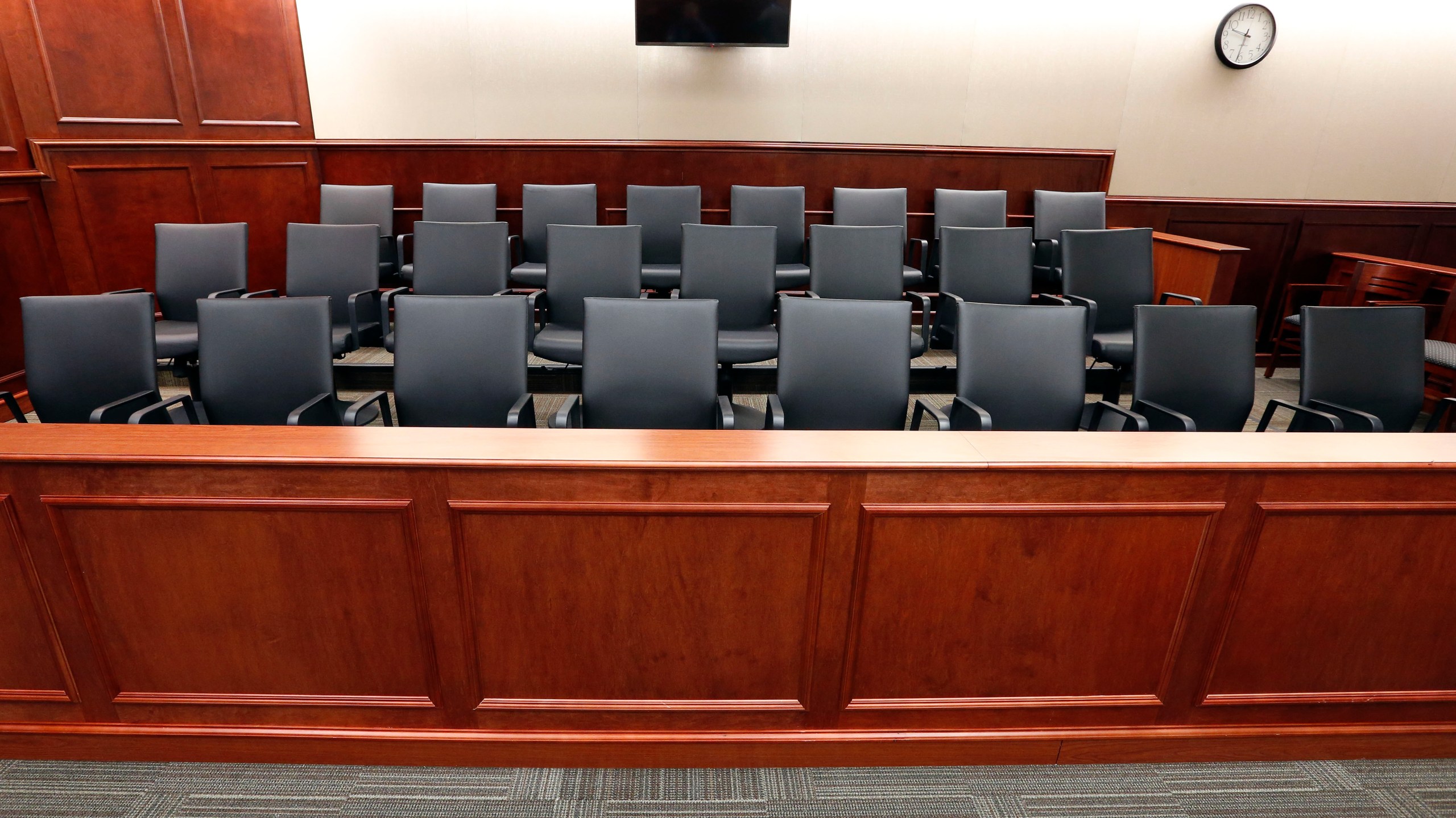 A view of the jury box inside Courtroom 201, where jury selection in the trial of Aurora movie theater shootings defendant James Holmes is to begin on Jan. 20, 2015, at the Arapahoe County District Court in Centennial. (AP Photo/Brennan Linsley, pool)