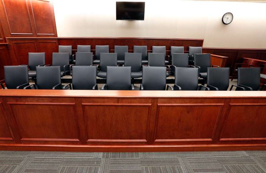 A view of the jury box inside Courtroom 201, where jury selection in the trial of Aurora movie theater shootings defendant James Holmes is to begin on Jan. 20, 2015, at the Arapahoe County District Court in Centennial. (AP Photo/Brennan Linsley, pool)