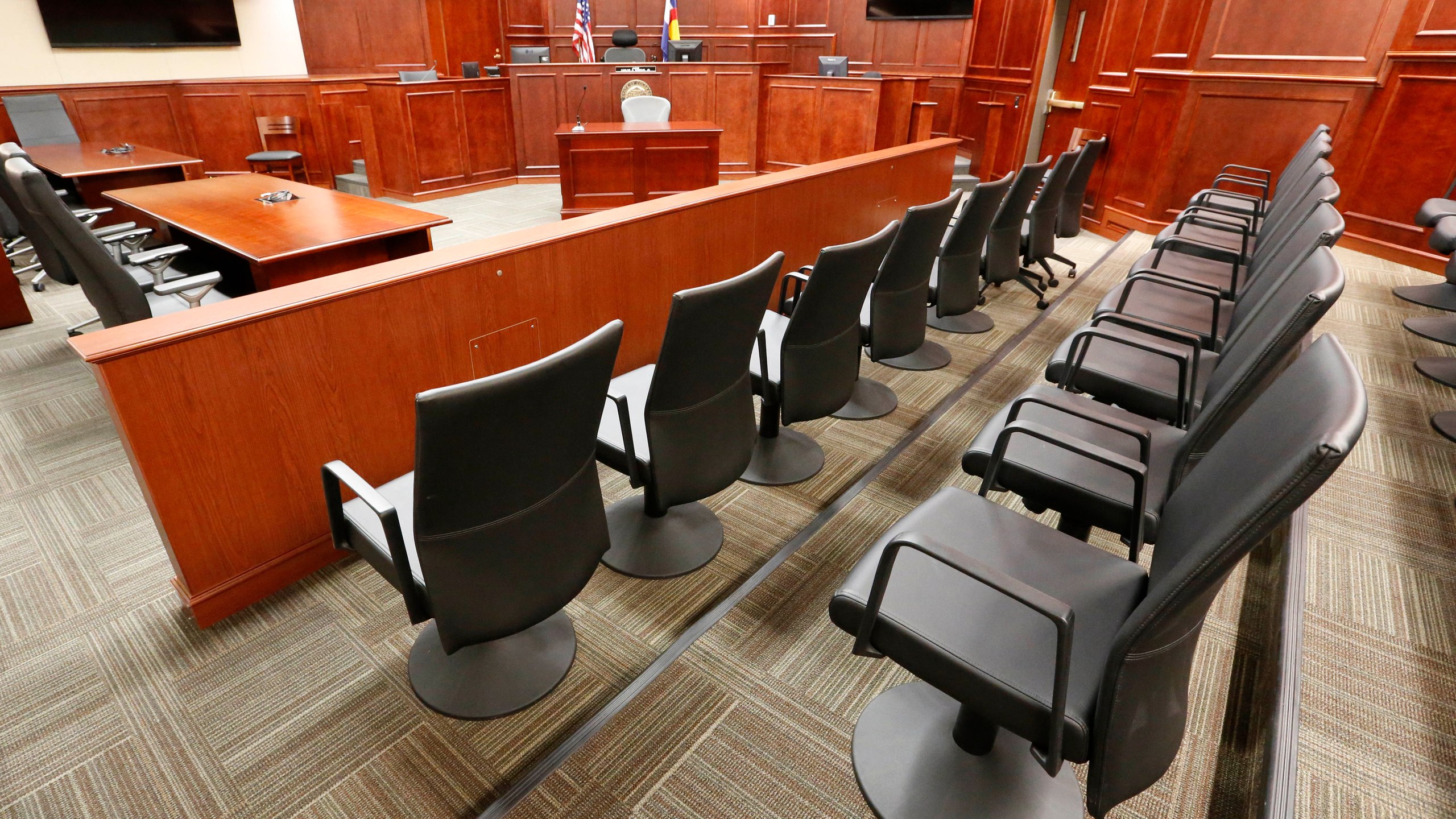 A view of the jury box, right, inside Courtroom 201, where jury selection in the trial of Aurora movie theater shootings defendant James Holmes is to begin on Jan. 20, 2015, at the Arapahoe County District Court in Centennial, Colo., Thursday, Jan. 15, 2015.