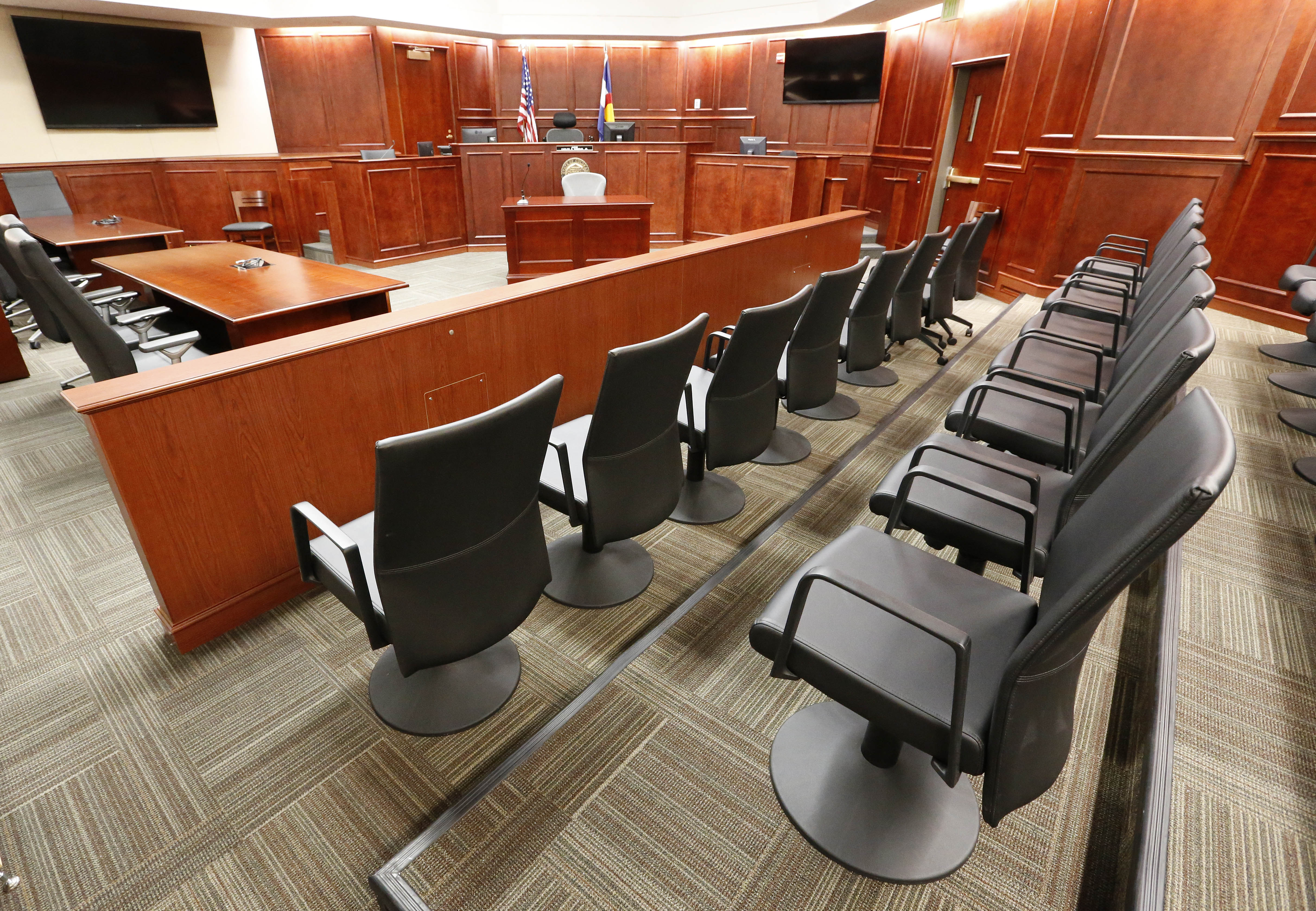 A view of the jury box, right, inside Courtroom 201, where jury selection in the trial of Aurora movie theater shootings defendant James Holmes is to begin on Jan. 20, 2015, at the Arapahoe County District Court in Centennial, Colo., Thursday, Jan. 15, 2015.