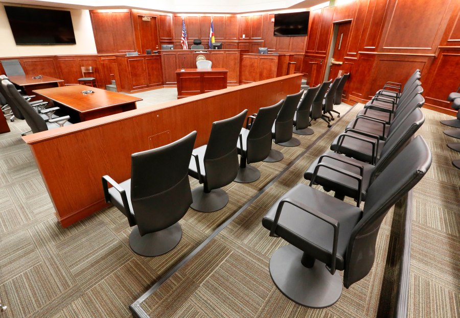 A view of the jury box, right, inside Courtroom 201, where jury selection in the trial of Aurora movie theater shootings defendant James Holmes is to begin on Jan. 20, 2015, at the Arapahoe County District Court in Centennial, Colo., Thursday, Jan. 15, 2015.