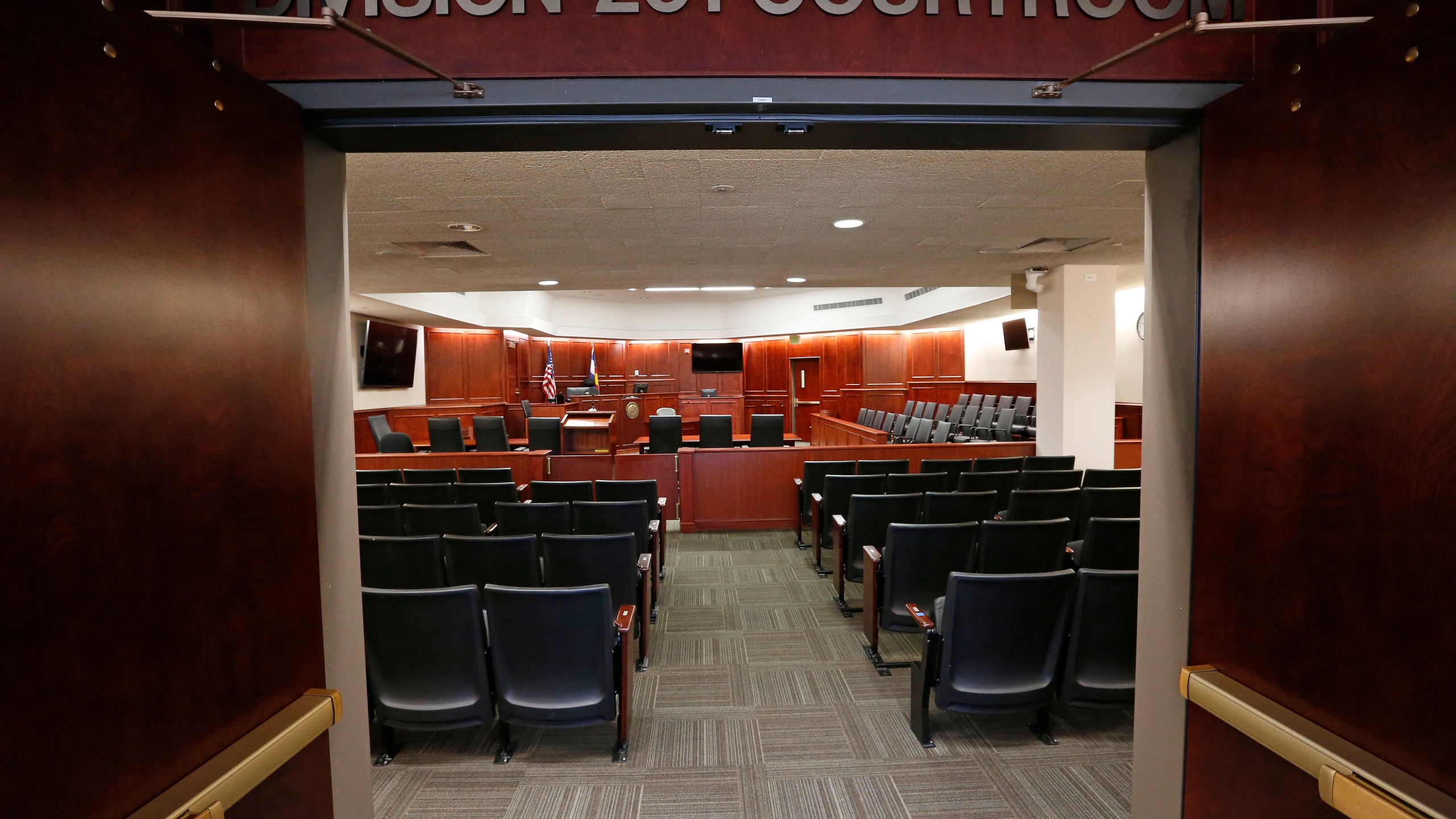 A view inside Courtroom 201, where jury selection in the trial of Aurora movie theater shootings defendant James Holmes is to begin on Jan. 20, 2015. (AP Photo/Brennan Linsley, pool)