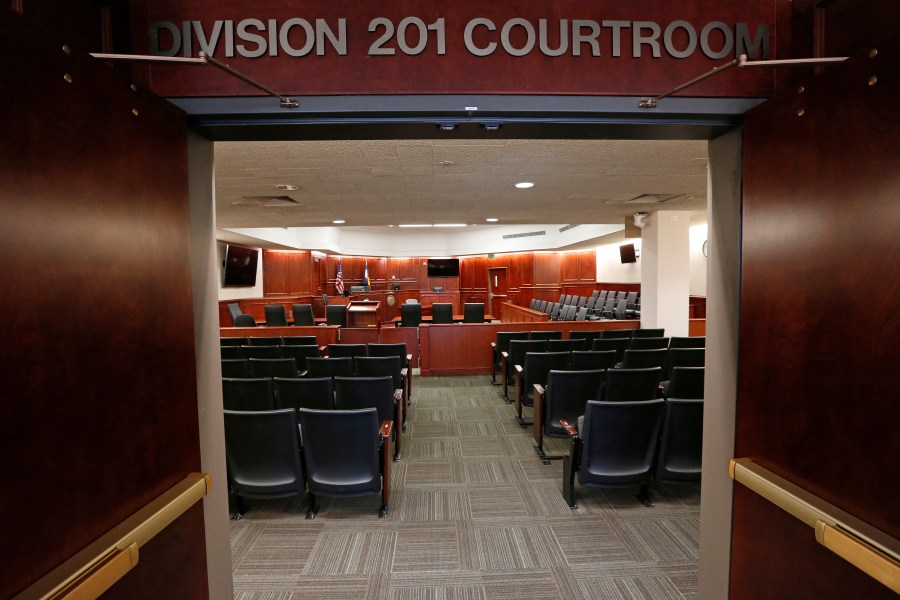 A view inside Courtroom 201, where jury selection in the trial of Aurora movie theater shootings defendant James Holmes is to begin on Jan. 20, 2015. (AP Photo/Brennan Linsley, pool)