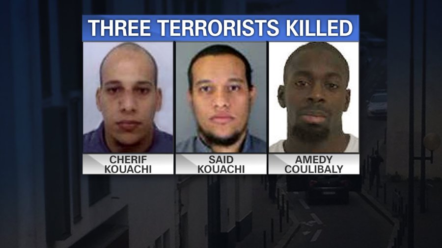 Cherif Kouachi, Said Kouachi and Amedy Coulibaly were killed by security forces in raids in and around Paris, France Friday night, Jan. 9, 2015. The Kouachi brothers were killed following a hostage standoff at a printing shop in Dammartin-en-Goele. Coulibaly, a close associate of Amedy, was killed following a hostage standoff at a grocery near the Porte de Vincennes neighborhood of Paris.