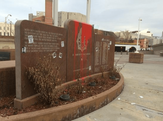 Defaced fallen DPD Officers' memorial. (Photo: Paul Makarushka)