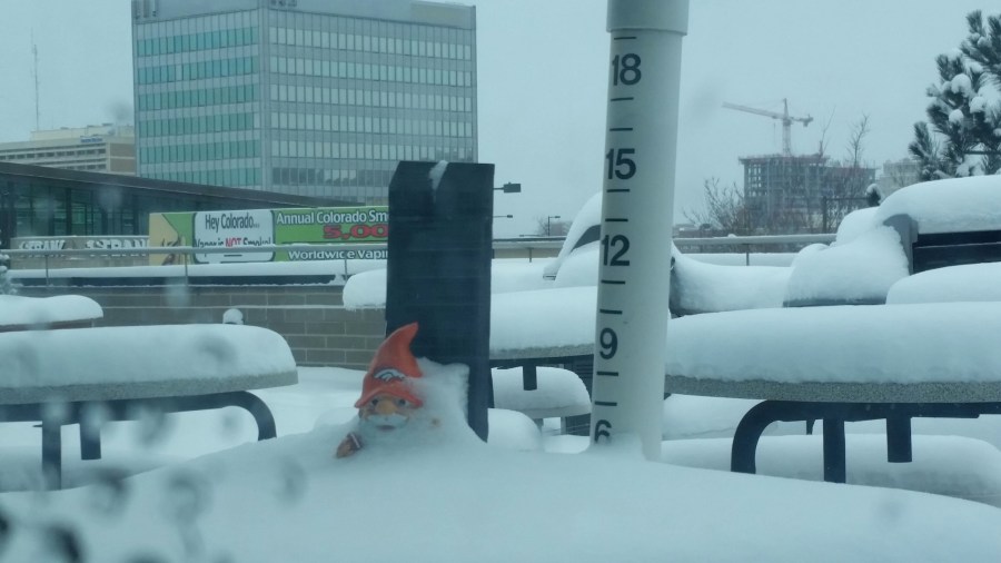 Broncos gnome next to the FOX31 Denver snow stick Sunday, Feb. 22