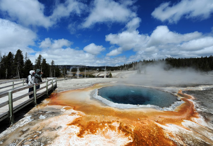 View of the 'Crested Pool' hot spring with it's unique colors caused by brown, orange and yellow algae-like bacteria that thrive in the cooling water, turning the vivid aqua-blue to a murkier greenish brown, in the Yellowstone National Park, Wyoming on June 2, 2011. Yellowstone National Park, was established by the U.S. Congress and signed into law by President Grant on March 1, 1872. The park is located primarily in the U.S. state of Wyoming, though it also extends into Montana and Idaho and was the first national park in the world. It is known for its wildlife and its many geothermal features, especially the Old Faithful Geyser. AFP PHOTO/Mark RALSTON (Photo credit should read MARK RALSTON/AFP/Getty Images)