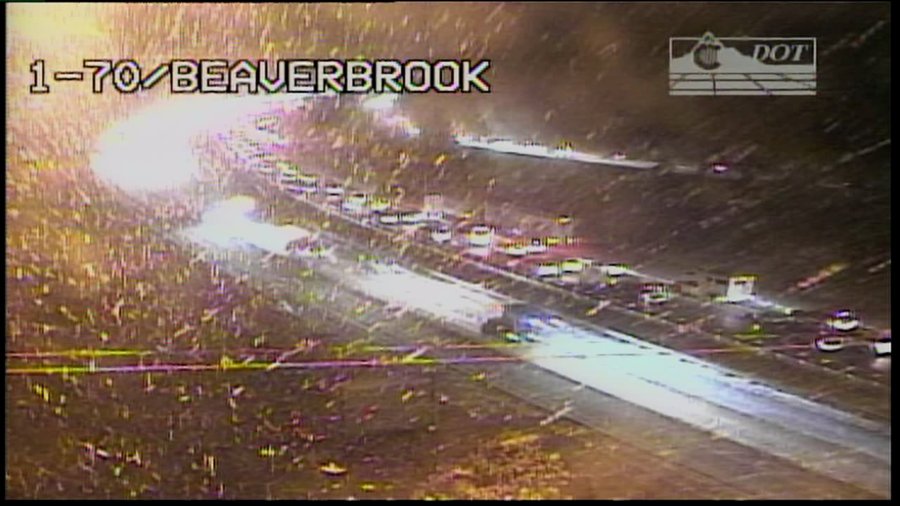 Traffic moves slowly on I-70 in the mountains west of Denver