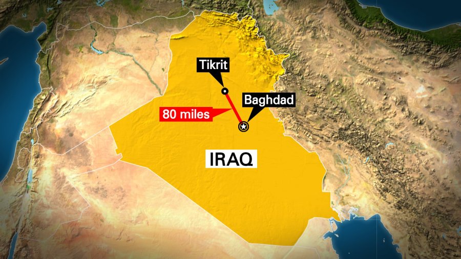 This map depicts the country of Iraq highlighting the cities of Baghdad and Tikrit.