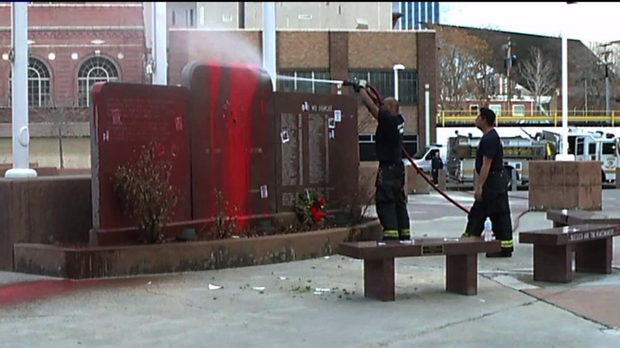 Denver Police Memorial had red paint poured on it Feb. 14, 2015