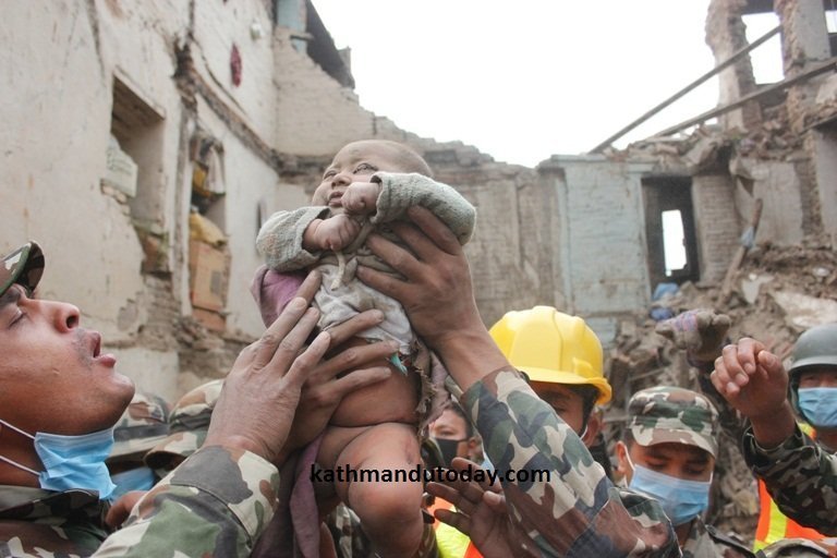 A 4-month-old baby was rescued from a destroyed building in the town of Bhaktapur at least 22 hours after the quake struck, the newspaper Kathmandu Today reported.