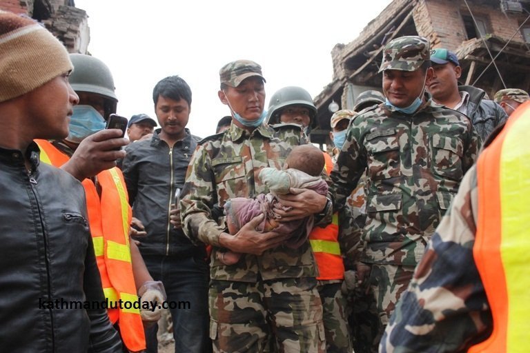 A 4-month-old baby was rescued from a destroyed building in the town of Bhaktapur at least 22 hours after the quake struck, the newspaper Kathmandu Today reported. (Photo: CNN)