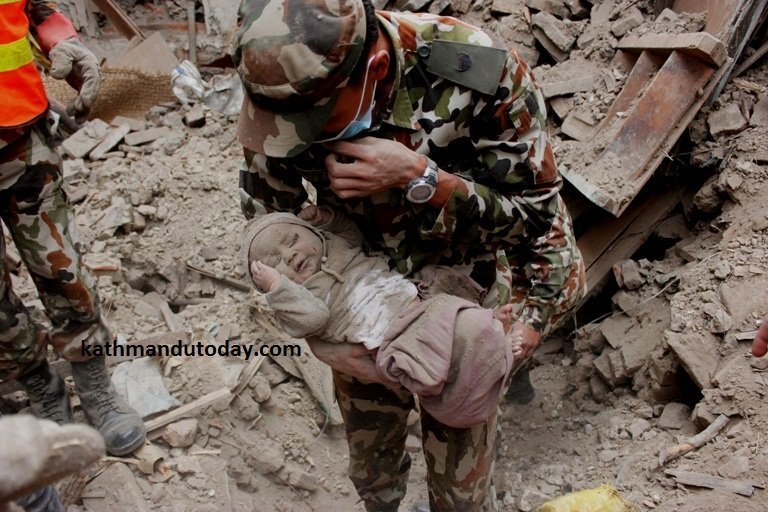 A 4-month-old baby was rescued from a destroyed building in the town of Bhaktapur at least 22 hours after the quake struck, the newspaper Kathmandu Today reported. (Photo: CNN)