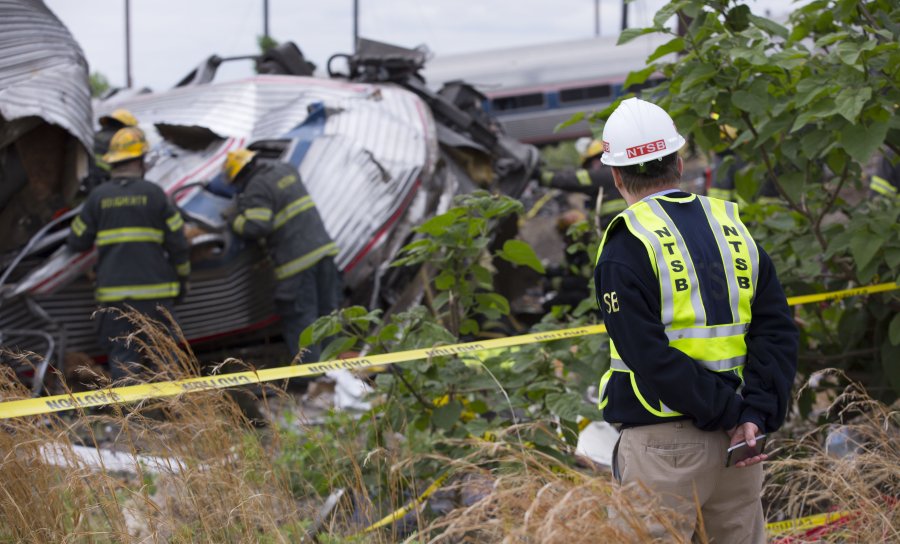 NTSB Member Robert Sumwalt examines the scene of the Amtrak Train 188 Derailment in Philadelphia, Pennsylvania on May 13, 2015. Courtesy: NTSB