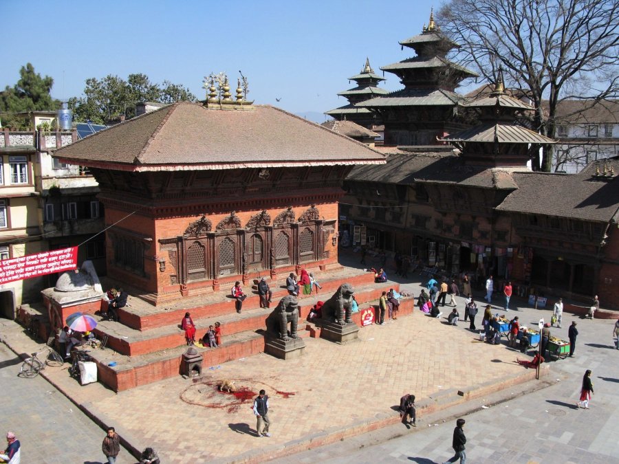 Kathmandu's brick-and-wood Shiva-Parvati Temple House in Durbar Square survived. It is seen here in February 2008 from the atop the nearby Shiva Temple pagoda, which was obliterated in the quake. (Photo: CNN)