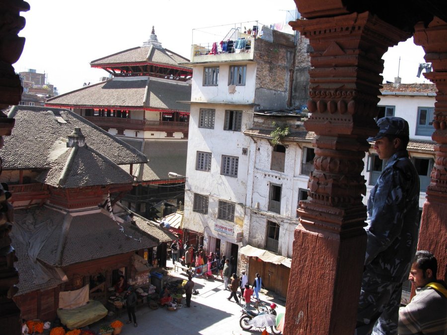 The lofty view in February 2008 from atop the Shiva temple pagoda's nine-step plinth, under its decorative triple-layered roofs which were completely destroyed along with the small structure below which was used as a shop. (Photo: CNN)