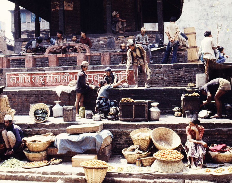 Countless small pagodas scattered across the Kathmandu Valley were used by vendors and residents to display food and other items, including this pagoda in Kathmandu during December 1995. (Photo: CNN)