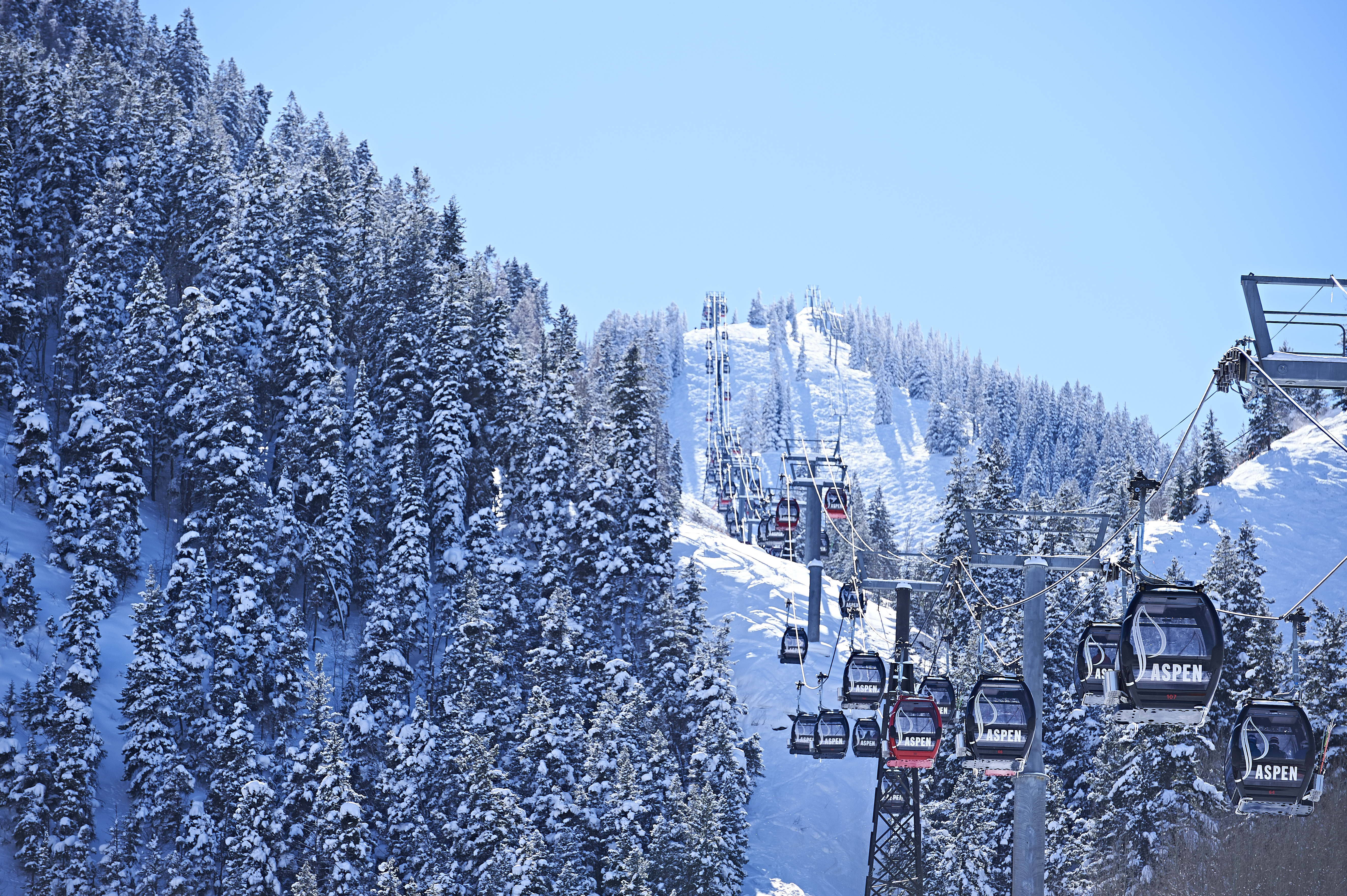 Cable car moving up over forested snow covered mountains, Aspen, Colorado, USA