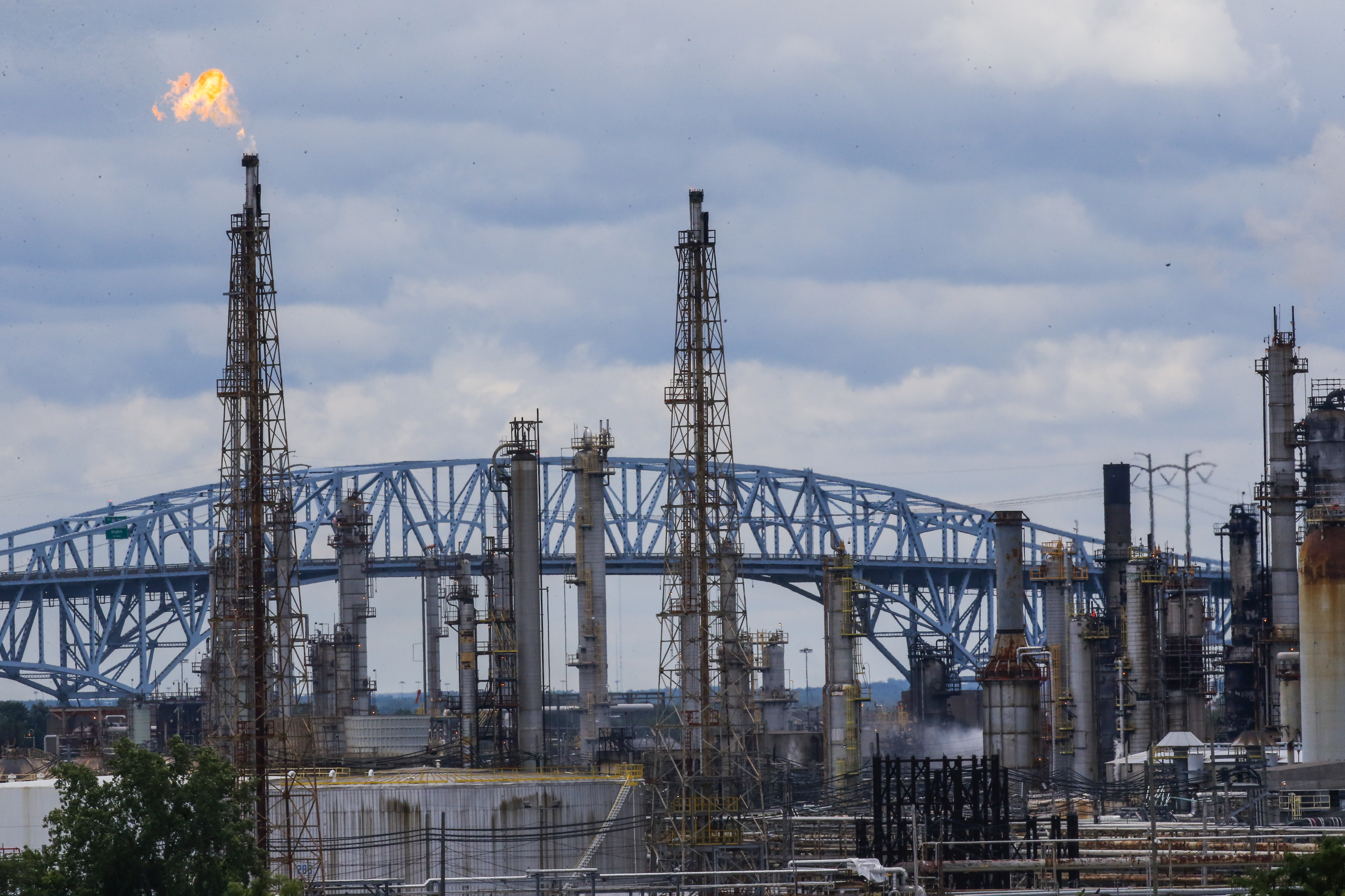 PHILADELPHIA, PA - JUNE 21: General view after a massive fire erupted at a crude oil refinery that triggered several large explosions at the Philadelphia Energy Solutions Refining Complex on June 21, 2019 in Philadelphia, Pennsylvania. Fire broke out in the early morning that triggered a vat of butane to ingnite with an explosion so large that it was detected from space. (Photo: Eduardo Munoz Alvarez/Getty Images)