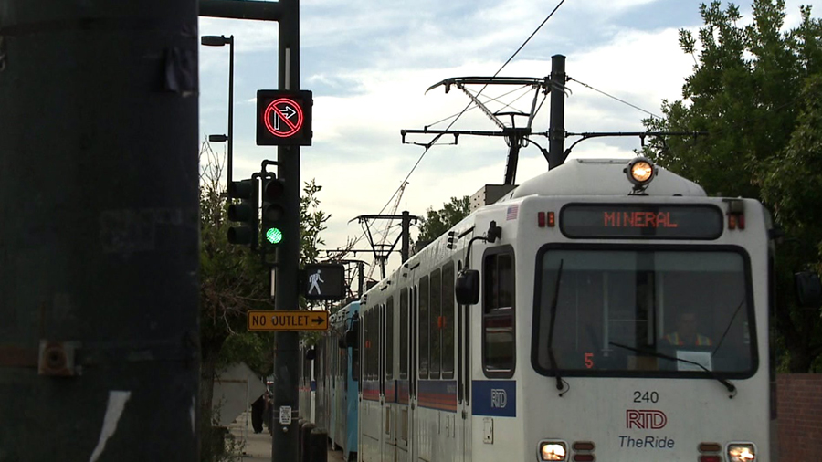 An RTD light rail in downtown Denver.