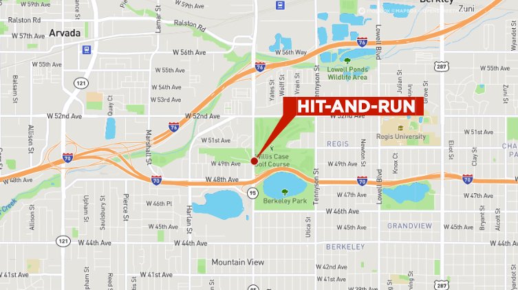 Map of hit-and-run at 49th Avenue and Sheridan Boulevard in Denver on Jan. 10, 2020.