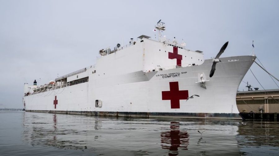 The USNS Comfort is docked at Naval Station Norfolk in Norfolk, Virginia, on March 28, 2020.