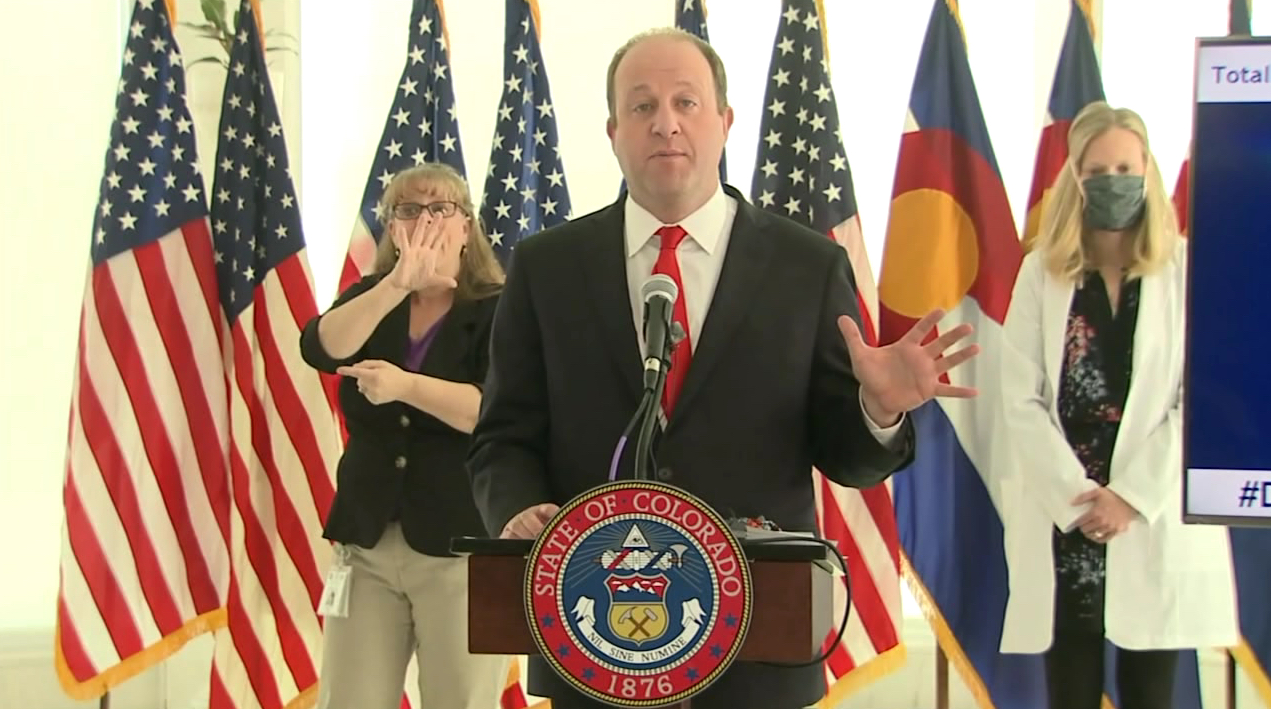 Gov. Jared Polis holds a news conference on COVID-19 in Colorado, on April 20, 2020.