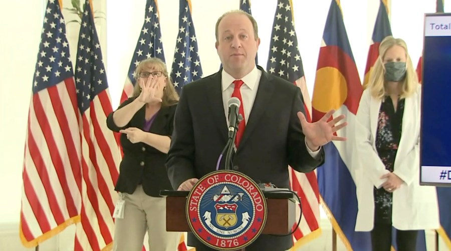 Gov. Jared Polis holds a news conference on COVID-19 in Colorado, on April 20, 2020.