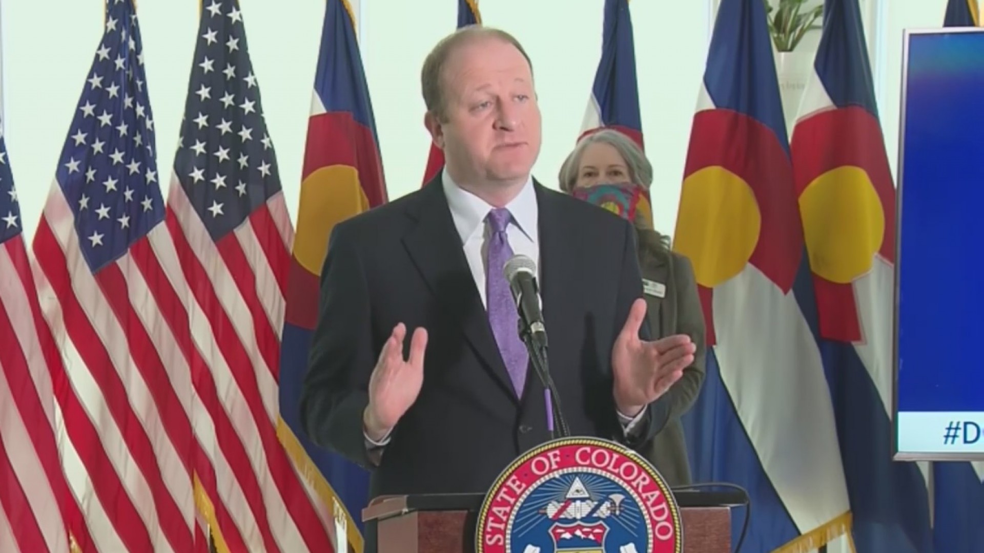 Gov. Jared Polis holds a news conference on COVID-19 in Colorado, on April 13, 2020.