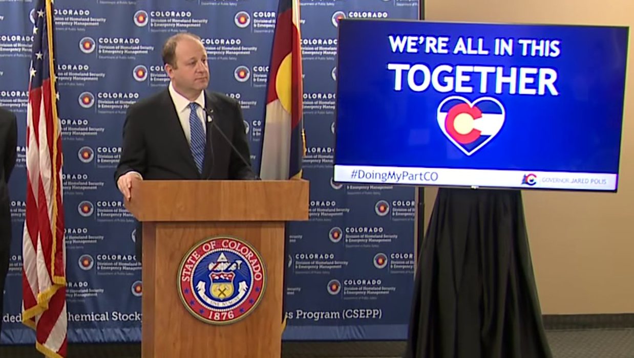 Colorado Gov. Jared Polis holds a news conference on COVID-19 on April 1, 2020.