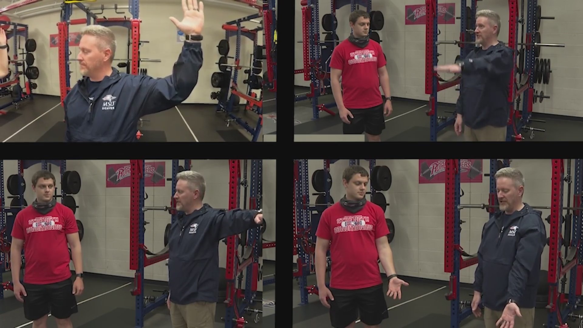 Four images placed together showing people in a gym lifting their arm in various positions