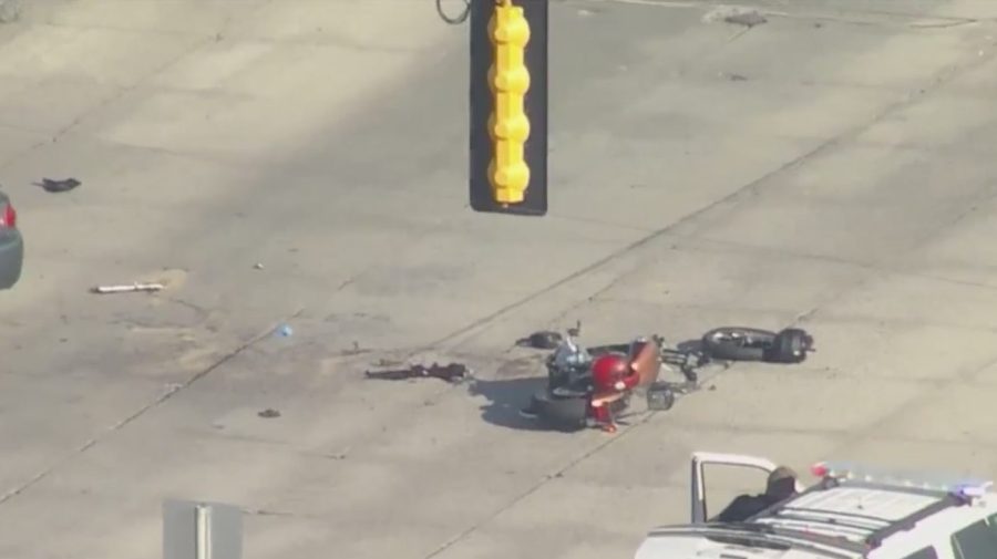 Aerial view of motorcycle damaged in the middle of an intersection