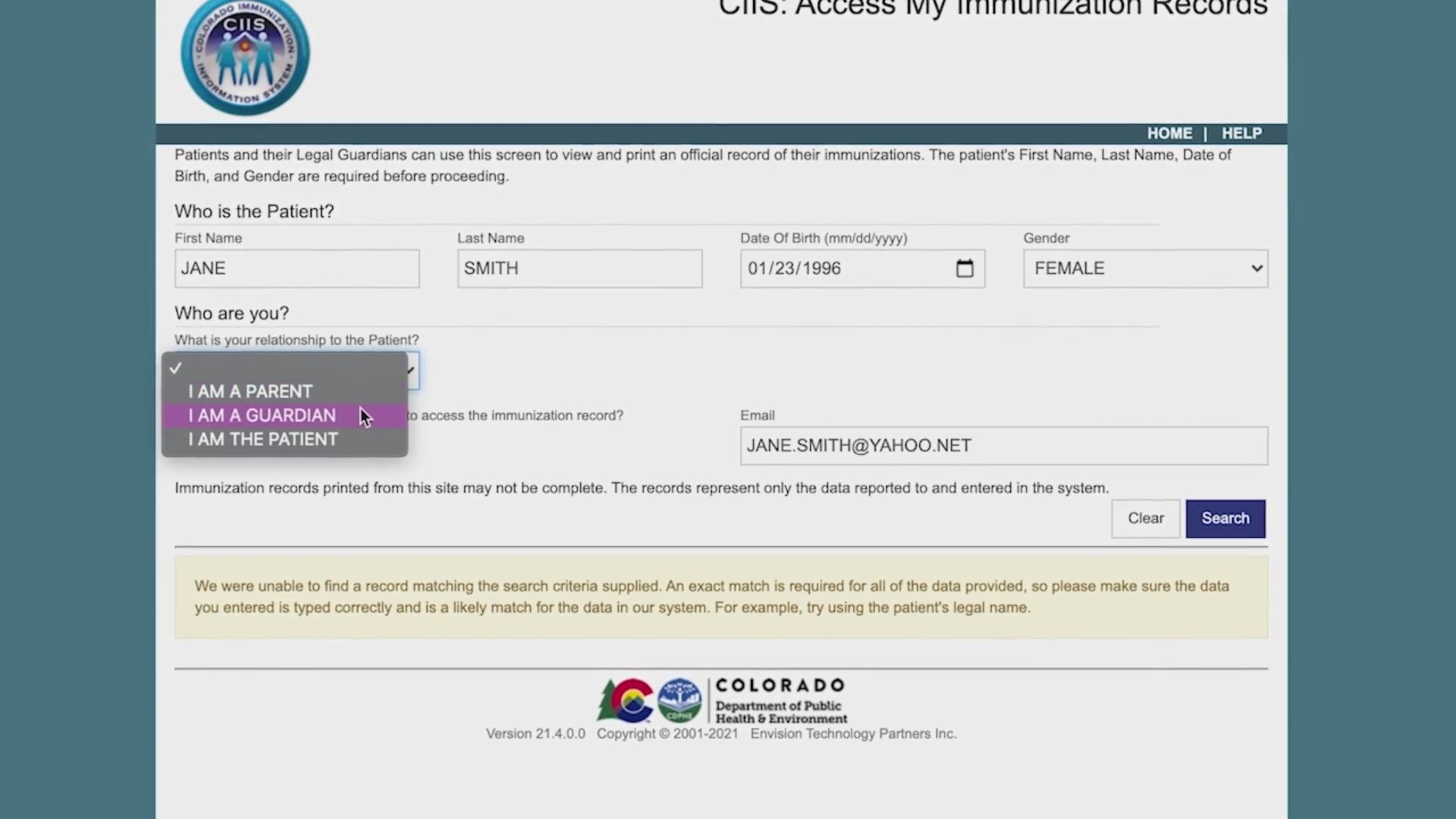 A screen grab of the CIIS form