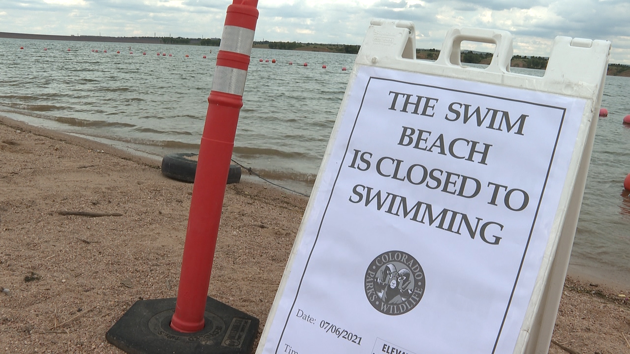 A sign that says "THE SWIM BEACH IS CLOSED TO SWIMMING" beside an orange caution cone with a lake in the background in daylight