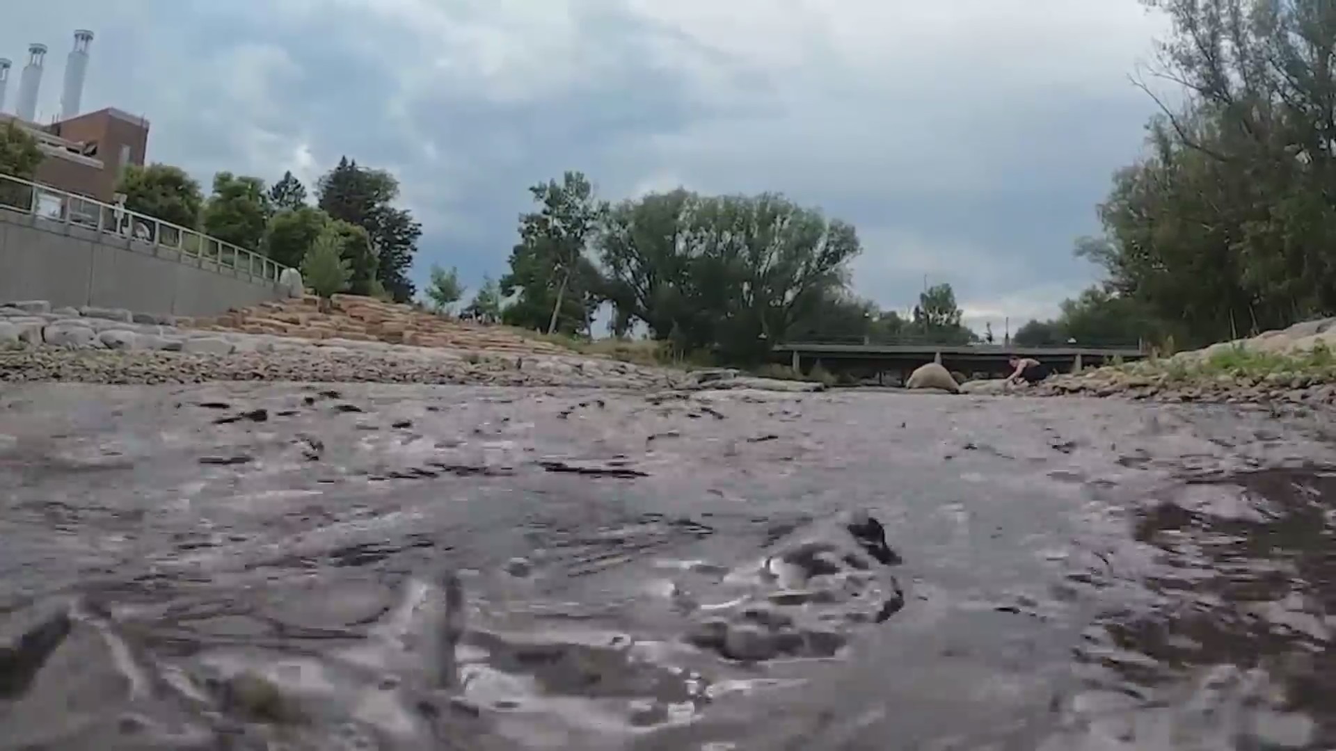 Dark-colored river water next to treatment plant