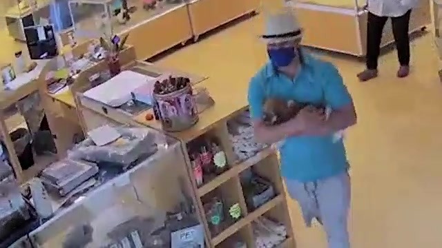 Surveillance image of man in hat and mask carrying puppy