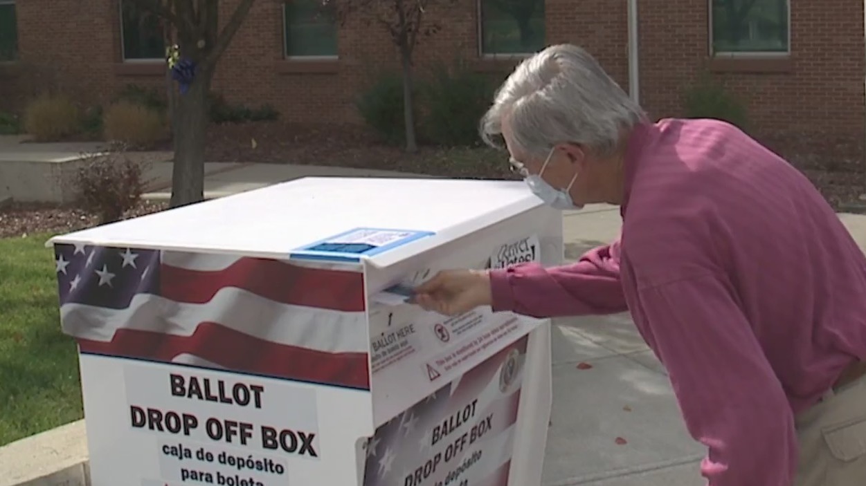 Voter drops ballot in box