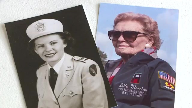 A black and white photo of a young woman in military uniform beside a color photo of an older woman in a veteran jacket and sunglasses