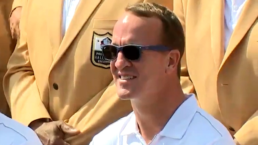 Peyton Manning during a group photo shoot at the Pro Football Hall of Fame on Aug. 6, 2021, ahead of his induction.