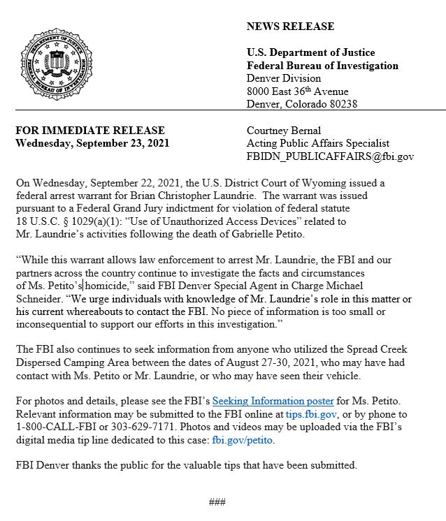 FBI Press Release on Arrest warrant issued for Brian Laundrie in relation to death of Gabby Petito